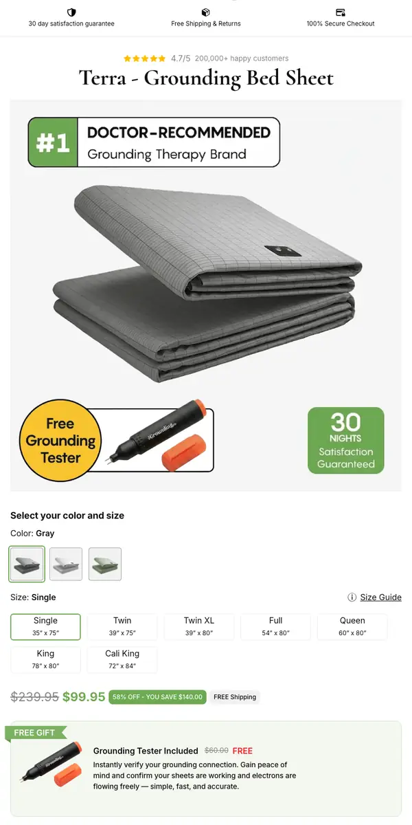 Terra Grounding Bed Sheet official checkout page — color, size and price selection