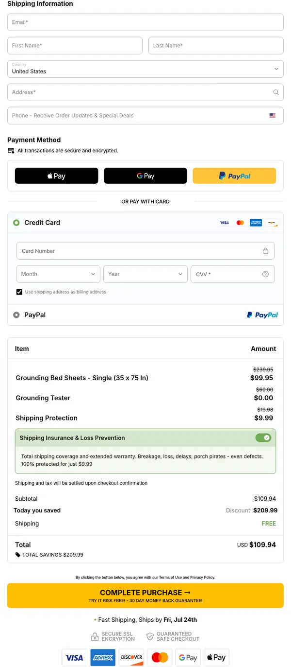 Terra Grounding Bed Sheet checkout — shipping information, payment methods and order summary